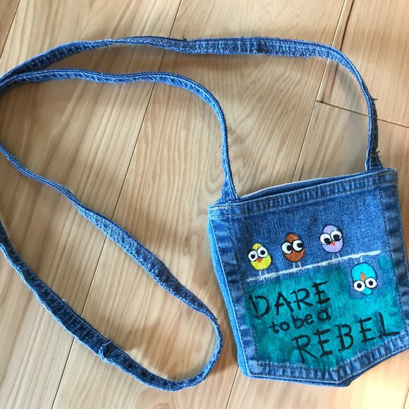 Crossbody Jean Purse: Handmade Over Shoulder Cell Phone Bag, Whimsical Birds - Picture 2 of 11